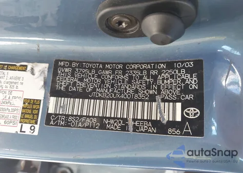 2004 Toyota Prius z USA, uszkodzony, nr VIN JTDKB20UX40018352